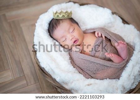 A newborn baby sleeping peacefully in a basket (newborn photo)