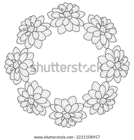  Wreath with dahlia.Coloring book antistress for children and adults. Illustration isolated on white background.Zen-tangle style. Hand draw