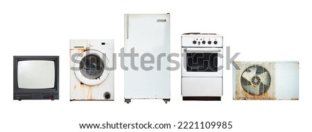 Old household appliances TV, washing machine, refrigerator, electric stove, air conditioner isolated on white background. Royalty-Free Stock Photo #2221109985