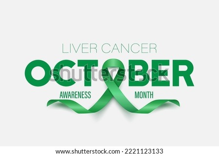 October. Liver Cancer Banner, Card, Placard with Vector 3d Realistic Emerald Green Ribbon on White Background. Liver Cancer Awareness Month Symbol Closeup. World Liver Cancer Day Concept