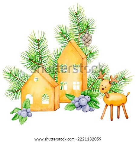 Watercolor New Year and Christmas composition. Scandinavian winter decoration. Paper houses, Christmas tree branches, berries, wooden deer. Ready-made design for congratulations, cards, invitations
