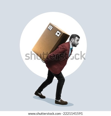 A man carries a heavy box behind his back. Art collage. Royalty-Free Stock Photo #2221141591