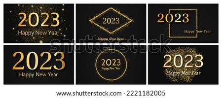 2023 Happy New Year gold background. Set of abstract gold backdrops with a inscription Happy New Year on dark for Christmas holiday greeting card, flyers or posters. Vector illustration