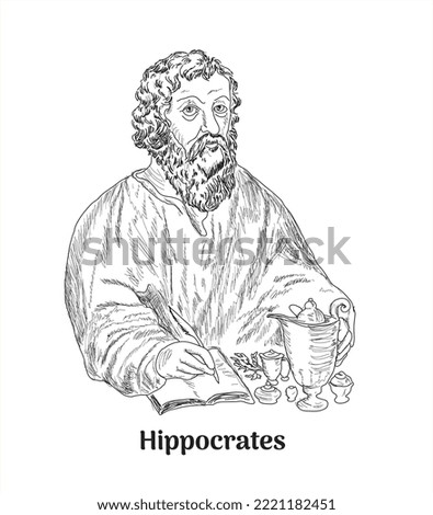 Hippocrates (460-370 BC) portrait in line art illustration.	