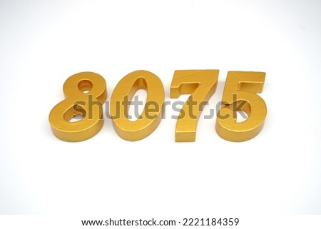    Number 8075 is made of gold-painted teak, 1 centimeter thick, placed on a white background to visualize it in 3D.                                    