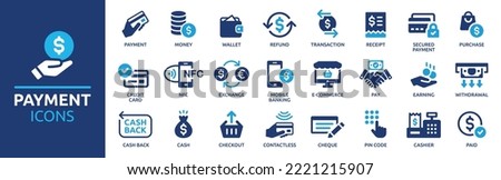 Payment icon set. Business and finance payment collection with money, banking, credit card, exchange, cash and transaction symbol. Royalty-Free Stock Photo #2221215907
