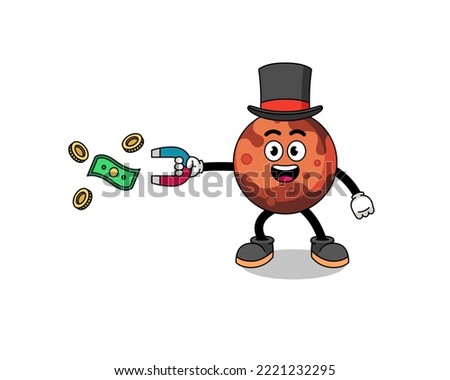 Character Illustration of mars planet catching money with a magnet , character design