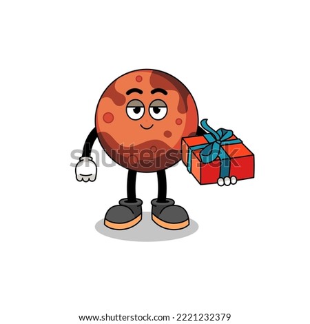 mars planet mascot illustration giving a gift , character design