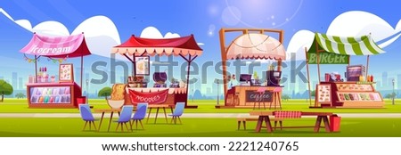 Street food market stalls standing in public park on sunny day. Cartoon vector illustration of colorful shops selling ice cream, cooking noodles, coffee, burgers outdoors. Silhouettes of city Royalty-Free Stock Photo #2221240765