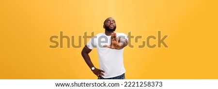 Portrait shock and annoyed displeased young man raising hands up to say no stop right there isolated orange background. Negative human emotion, facial expression, sign, symbol, body language. Royalty-Free Stock Photo #2221258373