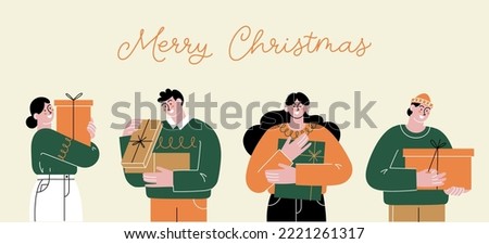 Set of happy people holding Christmas gifts. Flat vector illustration