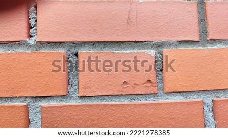 Part of a red brick wall. Several bricks in the wall, one of the bricks laid end-to-end has a small defect in the form of shallow dents that hardened during firing.