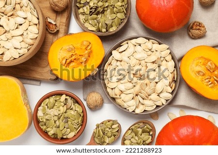 Concept of Autumn vibe food, Pumpkin, Pumpkin seeds