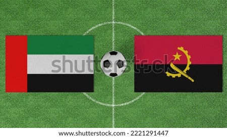 Football Match, United Arab Emirates vs Angola, Flags of countries with a soccer ball on the football field