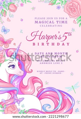 Birthday party invitation template with beautiful unicorn surrounded with flowers and butterflies. Vector illustration on pink background. Release clipping mask for full size objects.