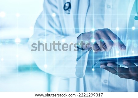 Hands, healthcare and future with a doctor using a tablet in a hospital with digital overlay or CGI. Data, ai and medical with a health professional doing research on technology for innovation