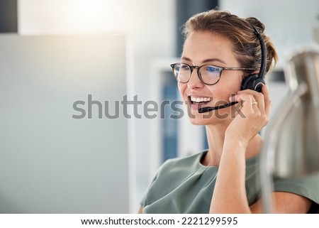 Happy call center woman consulting customer for customer support, help or telemarketing sales. Sales advisor, CRM girl with smile for success customer service, contact us hotline or insurance deal Royalty-Free Stock Photo #2221299595