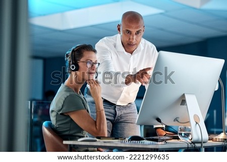 Leadership, training and manager in call center coaching a telemarketing employee for quality customer services. Contact us, crm and mentor teaching an insurance agent on new job tasks on a computer Royalty-Free Stock Photo #2221299635