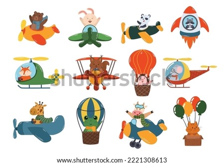 Set Animals Flying on Airplane, Rocket, Helicopter and Air Balloon. Cute Bear, Bunny, Panda and Raccoon, Fox, Squirreland Pig. Mouse, Giraffe, Frog, Cow and Cat Characters. Cartoon Vector Illustration