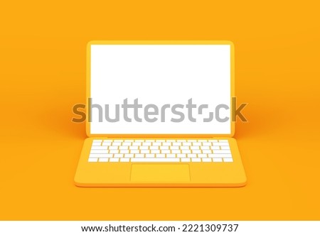 Yellow laptop with blank screen on orange background. 3D rendering with clipping path