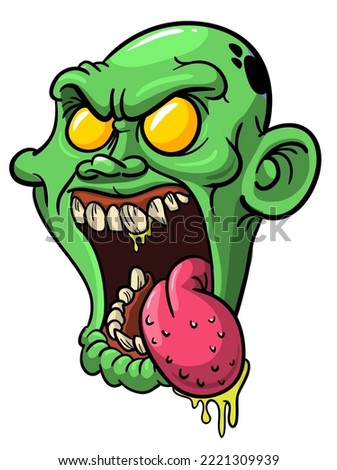 Cartoon funny green zombie character design with scary face expression. Halloween illustration on white. Party poster,package design or holiday decoration