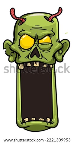 Cartoon funny green zombie character design with scary face expression. Halloween illustration on white. Party poster,package design or holiday decoration