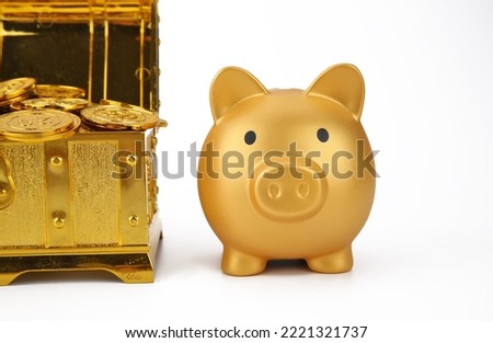 Toy piggy bank playing and gold COINS in treasure chest.