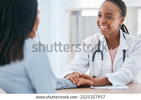 Happy doctor, holding hands and patient empathy, healthcare or medical trust, hope and faith in therapy, healing and rehabilitation in mental health consulting. Smile hospital worker counseling woman Royalty-Free Stock Photo #2221327957