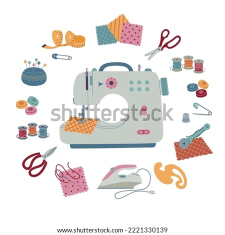 Set of different sewing accessories and appliances. Work tools for tailors, needlework and seamstress. Hand drawn color vector illustration isolated on white background. Modern flat cartoon style.
