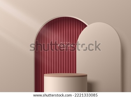 Realistic 3D red maroon, beige cylinder stand podium with vertical pattern in arch door background. Vector abstract geometric forms. Luxury minimal wall scene mockup products display. Stage showcase. Royalty-Free Stock Photo #2221333085