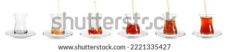 Set with glasses of traditional Turkish tea on white background. Banner design