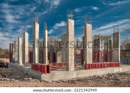 Monolithic structural elements and formwork of columns in housing construction Royalty-Free Stock Photo #2221342949