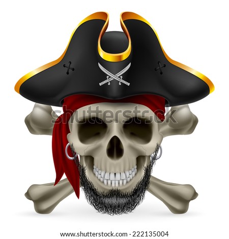 Bearded pirate skull in red bandana and cocked hat with crossed bones Royalty-Free Stock Photo #222135004