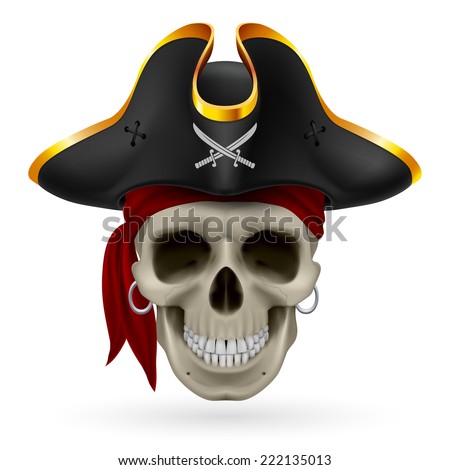 Pirate skull in red bandana and cocked hat Royalty-Free Stock Photo #222135013