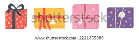 Vector set with gift boxes. Presents with ribbon, rope and bow. Gifts with labels. Cute presents for Christmas, Birthday or other celebration in flat design.