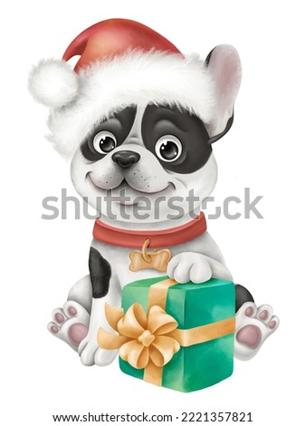 French bulldog in a red Christmas hat with a gift. Illustration isolated on white background. Perfect for the design of posters, textiles, greeting cards, stickers.