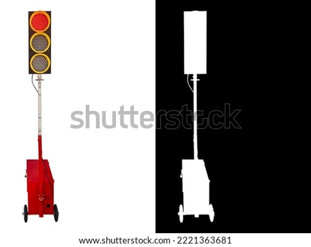 Portable traffic light powered by batteries and with manual or auto actuation isolated on white background with space for text and clipping mask and path