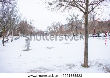 a city park meadow with snow in winter Royalty-Free Stock Photo #2221365523