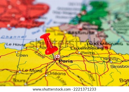 Paris map. Paris pin map. Close up of Paris map with red pin. Map with red pin point of Paris in France.