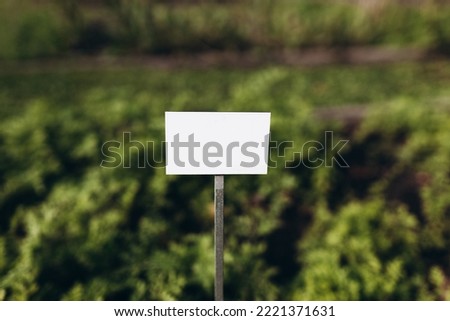 Closeup white metal sign at green grass background, nameplate with a space for your text. Horizontal banner. Empty Plant Label