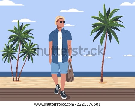 Stylish young man on vacation surrounded by a beautiful view with tropical tress and golden beach sand. Flat design vector illustration. Luxury lifestyle. Vector.