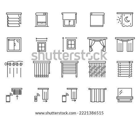 Window blinds icons set. blinds and jalouise line icons set. French, Austrian, Japanese, classic curtains, blinds, drapery, wicker, for the bathroom. Lines with editable stroke Royalty-Free Stock Photo #2221386515
