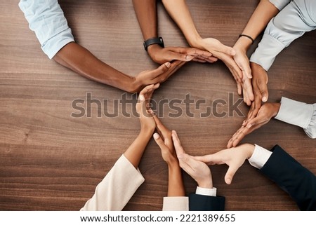 People with hands in circle, business diversity and banner for global recruitment marketing. Round table meeting, solidarity in corporate workplace, group collaboration and united nations community