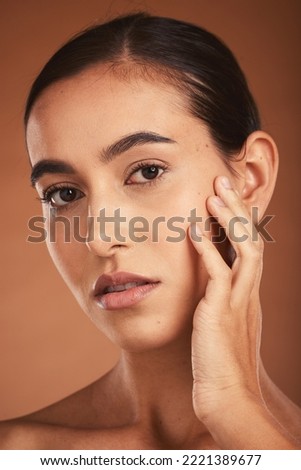 Skincare, young girl and face with cosmetics, confident and healthy organic facial with brown studio background. Portrait, makeup and girl with pride, natural beauty for smooth skin and wellness.