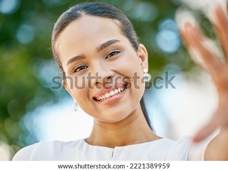 Portrait, nature and happy woman taking a selfie with a smile on her face outdoors on a holiday in a park for fresh air. Happiness, freedom and healthy girl enjoys taking pictures in summer to relax