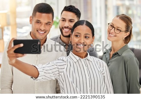 Business people taking team selfie for social media on smartphone, collaboration and teamwork of happy, smile and success startup agency. Friends, diversity staff and office workers taking fun photos