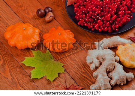 Still life with pumpkin- patison. Red viburnum berry, cranberry.Chicory root.Nuts. Autumn maple leaves.On a wooden background.meal.Thanksgiving day.the concept of fresh vegetables..place for text