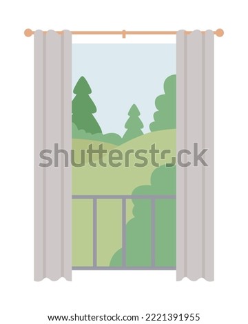 Summertime forest view semi flat color vector object. Editable element. Full sized item on white. Window and curtain simple cartoon style illustration for web graphic design and animation
