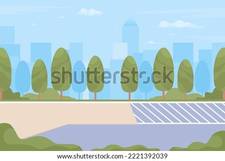 Roadside trees flat color vector illustration. Public place. Summertime. Skyscrapers and buildings. City infrastructure. Fully editable 2D simple cartoon cityscape with park on background Royalty-Free Stock Photo #2221392039