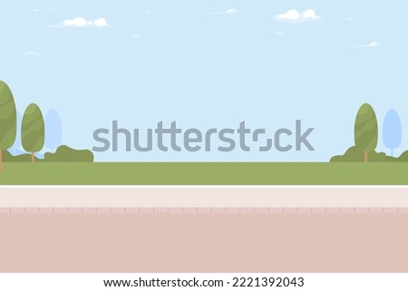 City street flat color vector illustration. Public place. Recreational park. Roadside bushes and trees. Summertime. Fully editable 2D simple cartoon landscape with road on background Royalty-Free Stock Photo #2221392043